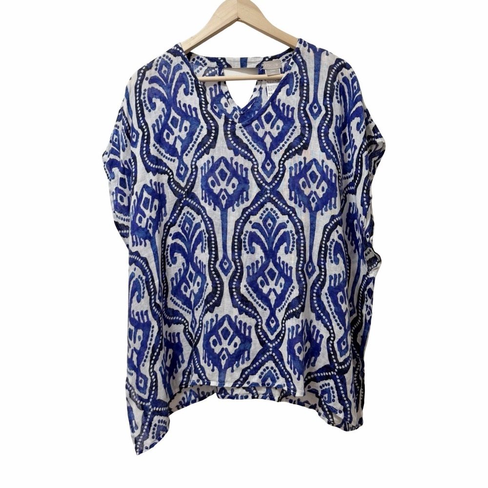 Chicos Womens 100% Linen Ikat Poncho Size S/M Blue Beach Resort‎ Swim Cover Up
